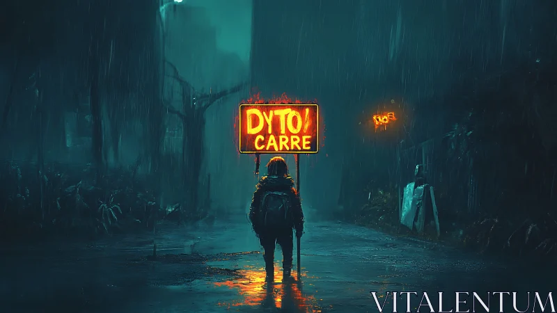 Lone wanderer under neon sign in rainy cyberpunk street.