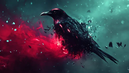 Digital painting of shattering raven in neon crimson aura.