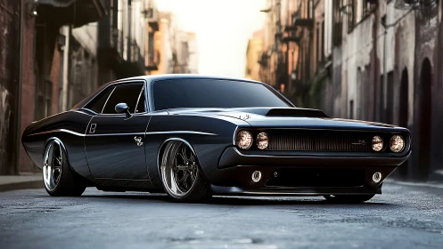 Black muscle car dominates narrow urban street at dusk.
