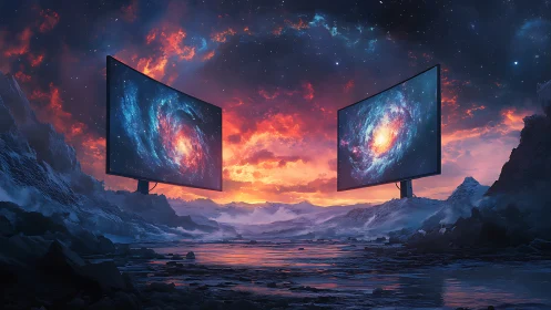 Twin cosmic screens glow above a dreamlike alien shoreline
