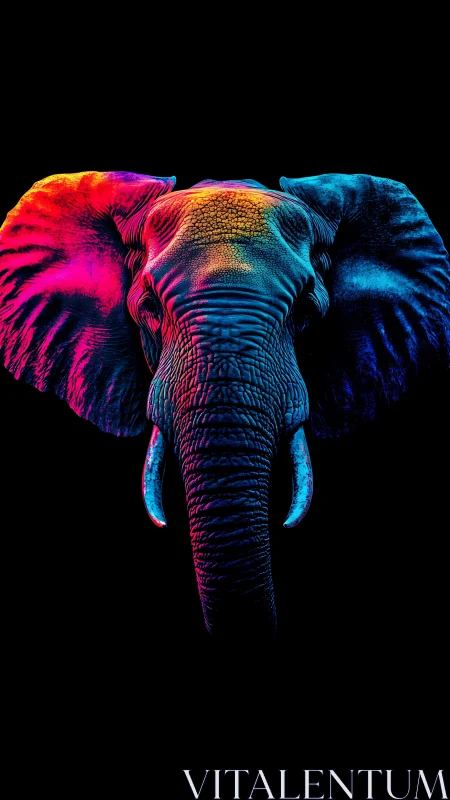 Neon-lit elephant portrait glows against deep black void