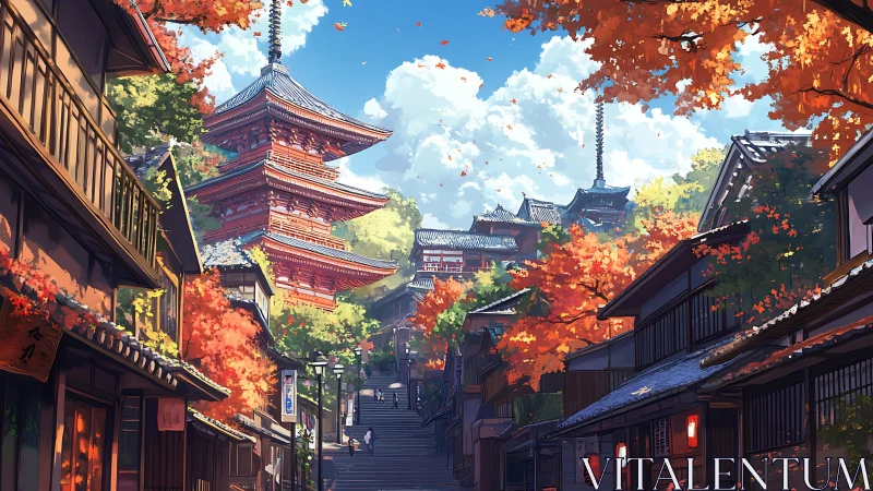 Autumn-lit Japanese pagoda dominates a traditional hillside street