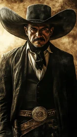 Dust-wreathed desperado studies the horizon with iron calm