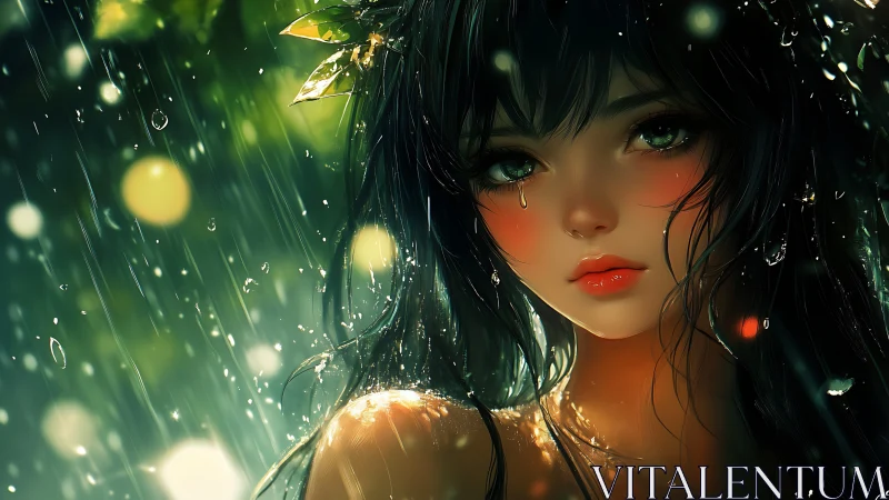 Rain-soaked bioluminescent forest nymph portrait study.