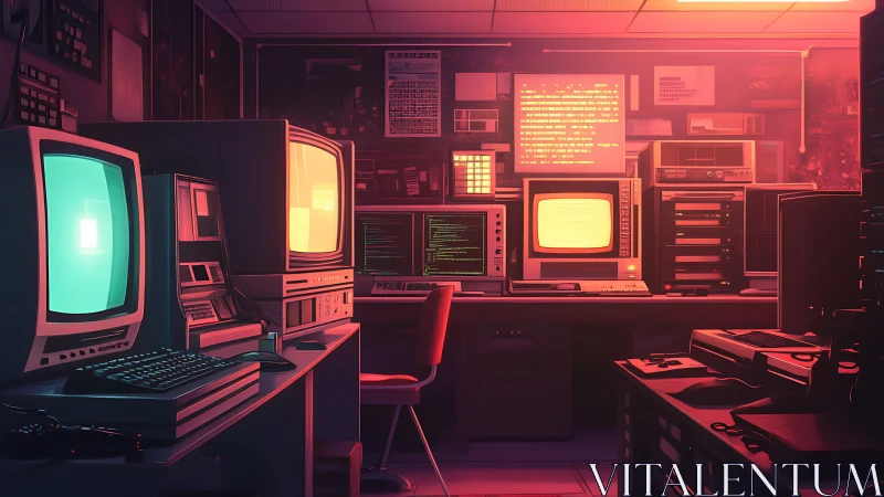 Retro computer control room with multiple CRT terminals.