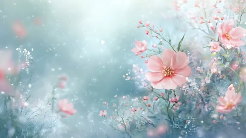 Ethereal Pink Florals in Luminous Bokeh and Particle Haze