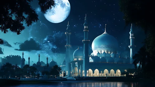 Moonlit domes and minarets in a dreamy starlit oasis.