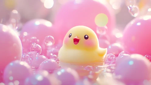 Joyful Yellow Duckling in Magical Bubble Dreams.