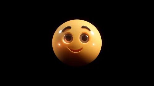 Smiling glossy emoji sphere under dramatic studio lighting.