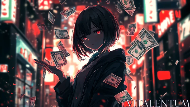Girl in neon city with floating dollar bills at night.