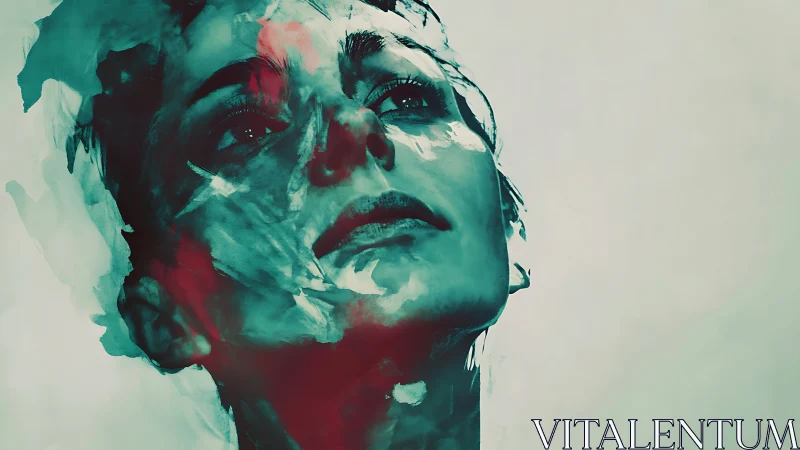 Brushstroked gaze climbs skyward through teal and ember haze