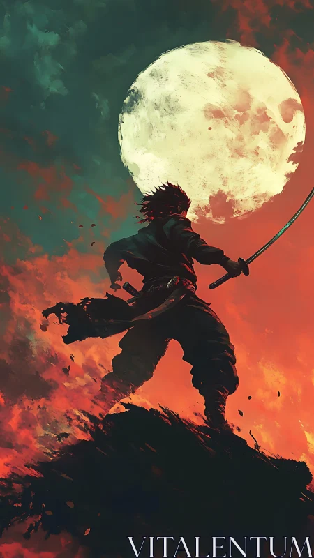 Lone sword warrior silhouetted against large full moon.