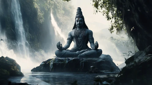 Serene Shiva statue in misty waterfall forest sanctuary.