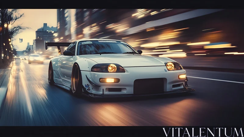 Modified white sports car on wet city street at dusk.