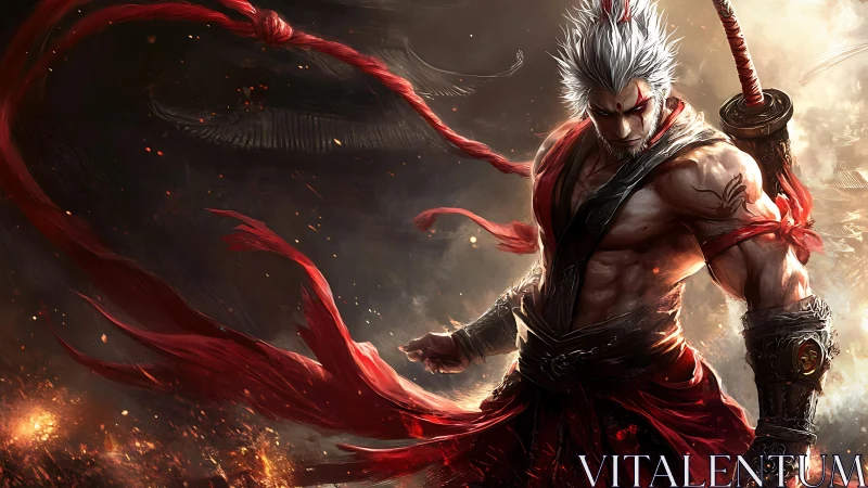 White haired warrior with sword in embers filled scene.