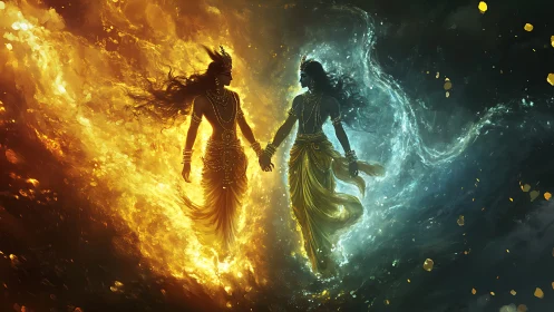 Elemental deities stride through swirling fire and water.