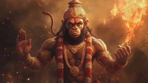 Mythical monkey warrior holds fire in cinematic lighting