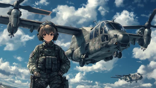 Soldier stands before tiltrotor aircraft under cloudy sky