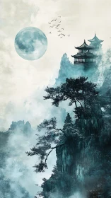 Moonlit mountain temple above misty pine cliffs at dusk.