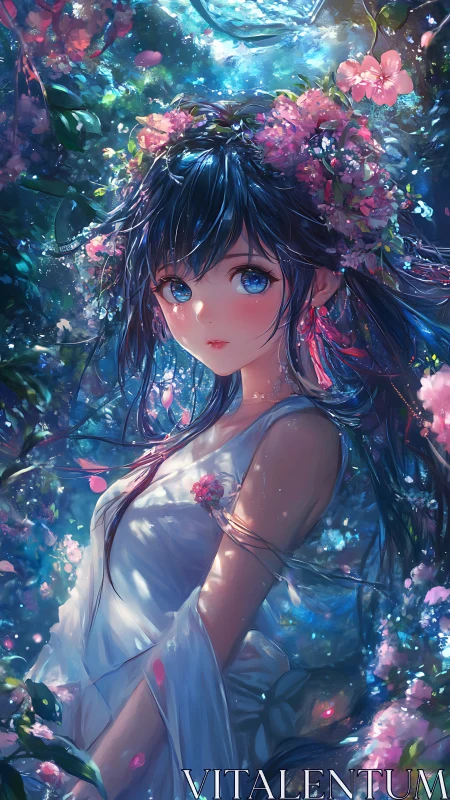 Ethereal blue haired maiden in luminous floral grove.