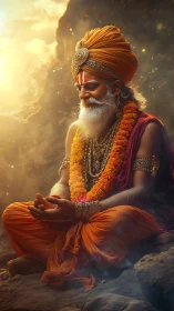 Elderly robed man meditating outdoors in warm sunlight.