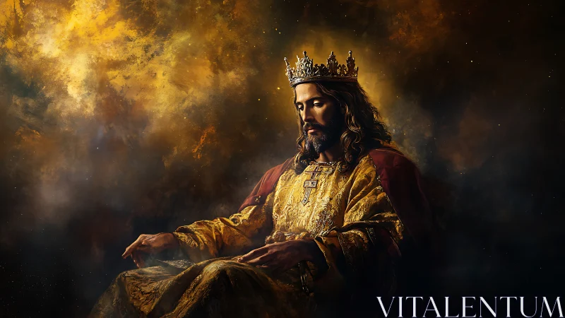 Regal crowned figure in golden robes seated in shadowed space.