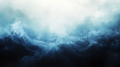 Storm-tossed ocean merges with luminous misty sky.