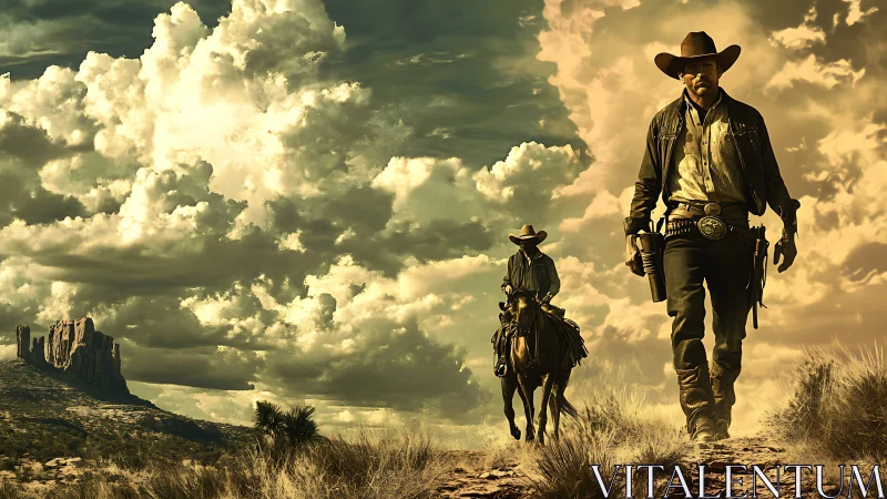 Sunlit cowboys stride under bold Western desert skies