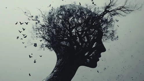 Double exposure silhouette with branching tree mindscape