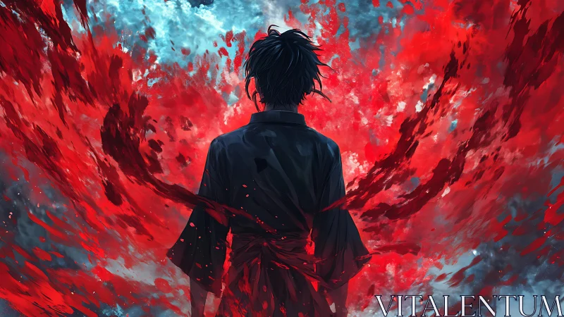 Lone warrior commands swirling crimson energy storm.