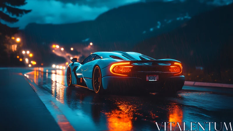 Digital neon hypercar on wet mountain highway at night.