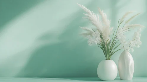 Minimal pampas arrangements in soft mint interior light.