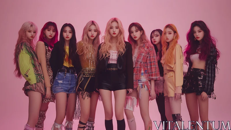 K-pop group ensemble portrait against monochromatic pink backdrop.