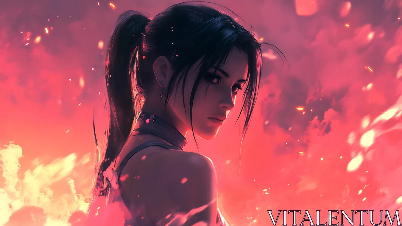 Warrior girl stands in glowing embers against crimson sky