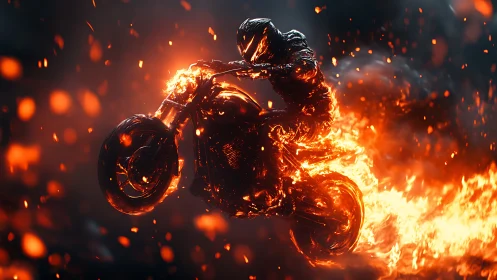 Fiery motorcycle rider blazing through sparks and smoke.