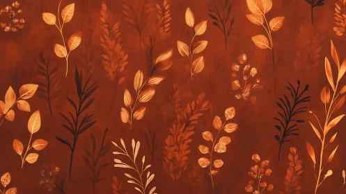 Autumn botanical pattern over warm terracotta ground.