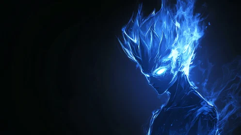 Blue flame warrior emerges from darkness in electric aura.
