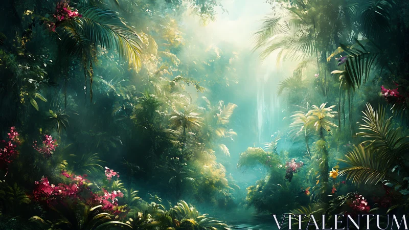Sunlit jungle sanctuary wrapped in misty, blooming calm.