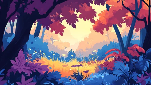 Twilight Forest Scene with Autumn Foliage and Luminous Sky