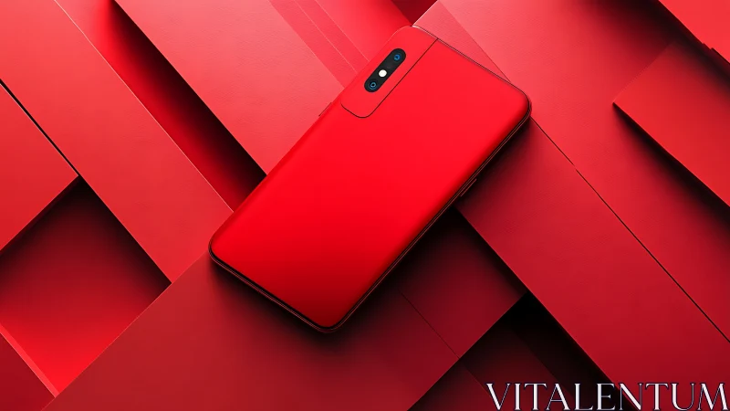 Bold red smartphone resting in a sleek graphic backdrop.