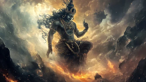 Divine warrior deity emerging through stormlit celestial fire.