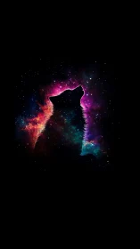 Silhouetted wolf profile with multicolored nebula interior.