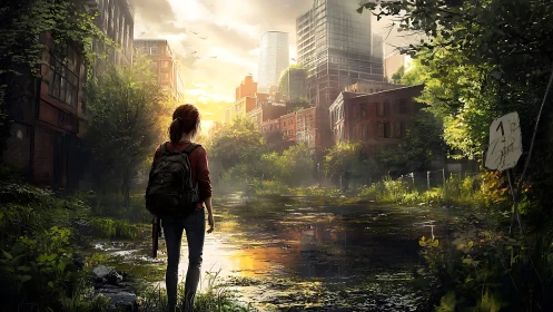 Post apocalyptic city flooded with overgrown nature reclaiming ruins.