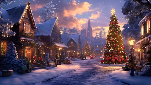 Snowy village street with decorated Christmas tree at dusk.