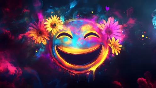 Neon smiley bloom in chromatic vaporwave digital painting.