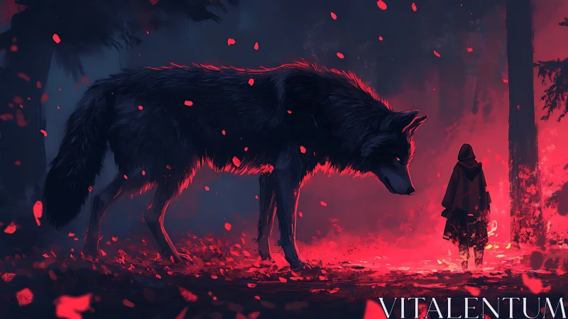 Giant wolf confronts cloaked figure in red lit forest
