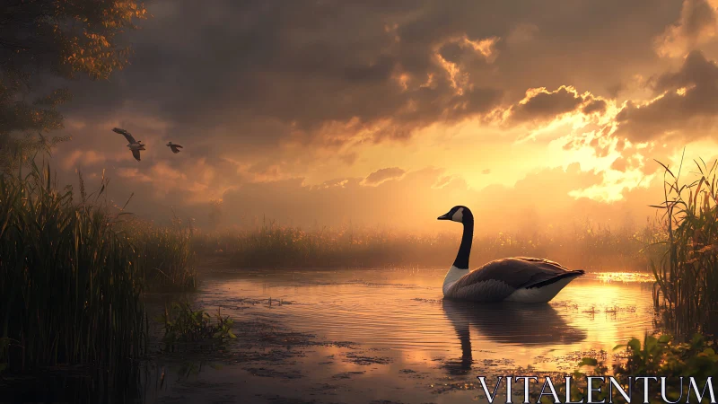 Solitary goose floats on reflective wetland at sunset