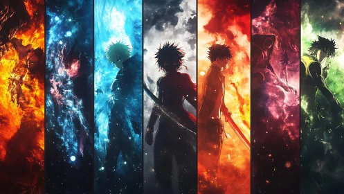 Elemental anime silhouettes align across vertical nebula panels