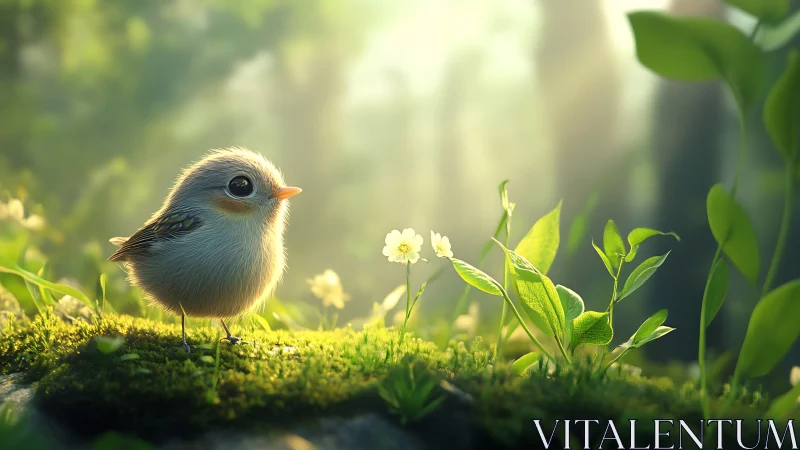 Fluffy forest fledgling greeting dawnlit mossy meadow.