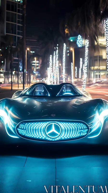 Futuristic blue sports car glowing under vibrant city lights.